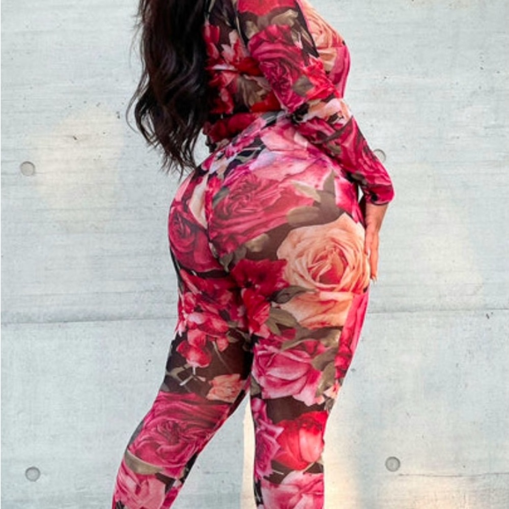 Fashion Nova Floral Mesh Set - Red and Pink